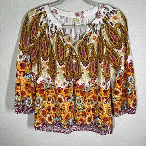 Anthropologie Fig and Flower Top Women's Size S‎ Floral 3/4 Sleeves Loose Boho